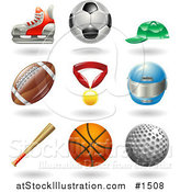 Vector Illustration of Hockey Skate, Soccer Ball, Baseball Cap, American Football, Medal, Helmet, Baseball Bat, Basketball and Golf Ball by AtStockIllustration