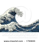 Vector Illustration of Japanese Great Wave Sea Japan Engraved Art Design by AtStockIllustration