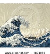 Vector Illustration of Japanese Great Wave Sea Japan Engraved Art Design by AtStockIllustration