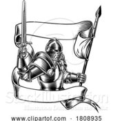 Vector Illustration of Knight with Banner Battle Flag Standard Ribbon by AtStockIllustration