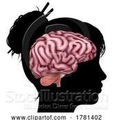 Vector Illustration of Lady Head in Silhouette Profile with Brain Concept by AtStockIllustration