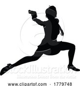 Vector Illustration of Lady Silhouette Action Secret Agent Spy with Gun by AtStockIllustration