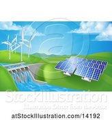 Vector Illustration of Landscape of Renewable Energy Plants with a Dam, Solar Panels, and Wind Turbines by AtStockIllustration