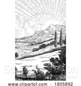 Vector Illustration of Landscape Rolling Hills Sky Vintage Rural Farm by AtStockIllustration