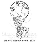 Vector Illustration of Lineart Black and White Atlas Titan Guy Carrying a Globe by AtStockIllustration