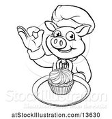 Vector Illustration of Lineart Chef Pig Holding a Cupcake on a Tray and Gesturing Okay by AtStockIllustration