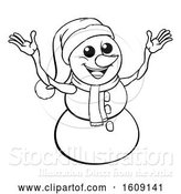 Vector Illustration of Lineart Welcoming Christmas Snowman Wearing a Scarf and a Santa Hat by AtStockIllustration