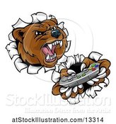 Vector Illustration of Mad Cartoon Grizzly Bear Mascot Holding a Video Game Controller and Breaking Through a Wall by AtStockIllustration
