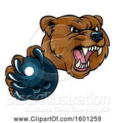 Vector Illustration of Mad Cartoon Grizzly Bear Mascot Holding out a Bowling Ball in a Clawed Paw by AtStockIllustration