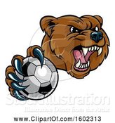 Vector Illustration of Mad Cartoon Grizzly Bear Mascot Holding out a Soccer Ball in a Clawed Paw by AtStockIllustration