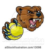 Vector Illustration of Mad Cartoon Grizzly Bear Mascot Holding out a Tennis Ball in a Clawed Paw by AtStockIllustration