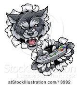 Vector Illustration of Mad Cartoon Wolf Mascot Holding a Video Game Controller and Breaking Through a Wall by AtStockIllustration