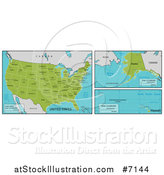 Vector Illustration of Maps of Continental, Hawaiian and Alaskan American Territories and Big Cities by AtStockIllustration