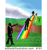 Vector Illustration of Men Walking on a Rainbow to Cross a Ravine by AtStockIllustration