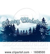 Vector Illustration of Merry Christmas Greeting with Silhouetted Evergreen Trees Under a Winter Sky by AtStockIllustration