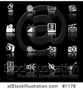 Vector Illustration of Microphone, Film Reel, Video Camera, Music Notes, Tv, Polaroid Picture, Clapperboard, Camera, Film Strip, Record Player, Camera, Speakers, and Guitar, on a Black Background by AtStockIllustration