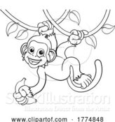 Vector Illustration of Monkey Singing on Jungle Vines with Banana by AtStockIllustration