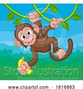 Vector Illustration of Monkey Singing on Jungle Vines with Banana by AtStockIllustration