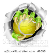 Vector Illustration of Monster Claws Holding a Tennis Ball and Ripping Through a Wall by AtStockIllustration
