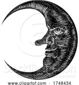Vector Illustration of Moon Face Woodcut Drawing Retro Vintage Engraving by AtStockIllustration