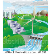 Vector Illustration of Nuclear, Fossil Fuel, Wind Power, Photovoltaic Cells, and Hydro Electric Water Power Generation Farms by AtStockIllustration