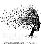 Vector Illustration of Optical Illusion Tree Face with Leaves Blowing by AtStockIllustration