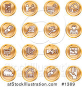 Vector Illustration of Orange Icons: Apartments, Handshake, Real Estate, House, Money, Classifieds, Brick Laying, Businessman, Hardhat and a Key by AtStockIllustration