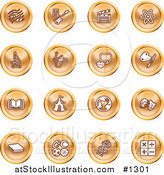 Vector Illustration of Orange Icons: Music Notes, Guitar, Clapperboard, Atom, Microscope, Atoms, Messenger, Painting, Book, Circus Tent, Globe, Masks, Sports Balls, and Math by AtStockIllustration