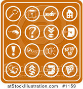 Vector Illustration of Orange Web Icons Including a Magnifying Glass, Disc, Pointer, Home, Computer Mouse, Question Mark, Key, Exclamation Point, Padlock, Speaker, Www, Screen, Camera and Email by AtStockIllustration