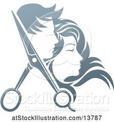 Vector Illustration of Pair of Hair Cutting Scissors with Profiled Male and Female Heads by AtStockIllustration