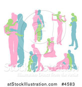 Vector Illustration of Pink Blue and Green Family Silhouettes by AtStockIllustration