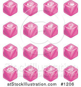 Vector Illustration of Pink Cube Icons: Searches, View Finders, Www, Magnifying Glasses, Dogs, Flashlight, and Spider by AtStockIllustration