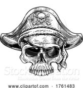 Vector Illustration of Pirate Skull Skeleton Grim Reaper Mascot Woodcut by AtStockIllustration