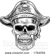 Vector Illustration of Pirate Skull Skeleton Grim Reaper Mascot Woodcut by AtStockIllustration