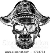 Vector Illustration of Pirate Skull Skeleton Grim Reaper Mascot Woodcut by AtStockIllustration