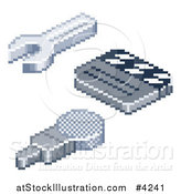 Vector Illustration of Pixelated Wrench Film Clapper Board and Microphone Icons by AtStockIllustration