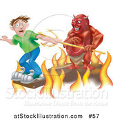 Vector Illustration of Plank Above the Fires of Hell, a Devil Holding a Pitchfork Behind Him by AtStockIllustration