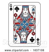 Vector Illustration of Playing Card Queen of Spades Red Blue and Black by AtStockIllustration