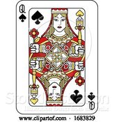 Vector Illustration of Playing Card Queen of Spades Red Yellow and Black by AtStockIllustration