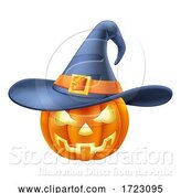 Vector Illustration of Pumpkin Wearing Witch Hat Halloween by AtStockIllustration