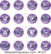 Vector Illustration of Purple Business Icons: Business People, Management, Hand Shake, Lightbulb, Cash, Charts, and Money Bags by AtStockIllustration