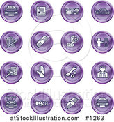Vector Illustration of Purple Icons: Cars, a Log, Cash, Lemon, Dealer, Ads, Key, Wrench, Engine, Handshake and Money by AtStockIllustration