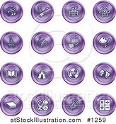 Vector Illustration of Purple Icons: Music Notes, Guitar, Clapperboard, Atom, Microscope, Atoms, Messenger, Painting, Book, Circus Tent, Globe, Masks, Sports Balls, and Math by AtStockIllustration