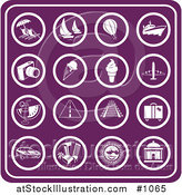 Vector Illustration of Purple Travel Icons Including Lounge Chairs, Sailboats, Air Balloons, Cruise Ships, Cameras, Ice Cream, Airplanes, Cocktails, Roadways, Railways, Luggage, Rental Cars, Hotels, Sunshine and Buildings by AtStockIllustration