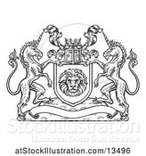 Vector Illustration of Rampant Lion and Unicorn Flanking a Lion Shield over a Banner, Black and White Woodcut by AtStockIllustration