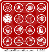 Vector Illustration of Red Christmas Icons Including a Snowflake, Bell, Santa, Turkey Dinner, Footprints in Snow, Holly, Mistletoe, Elf, Chimney, Presents, Christmas Tree, Snowman, Candle, Dessert, Stocking and Santa Hat by AtStockIllustration