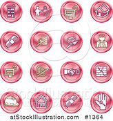 Vector Illustration of Red Icons: Apartments, Handshake, Real Estate, House, Money, Classifieds, Brick Laying, Businessman, Hardhat and a Key by AtStockIllustration