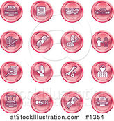 Vector Illustration of Red Icons: Cars, a Log, Cash, Lemon, Dealer, Ads, Key, Wrench, Engine, Handshake and Money by AtStockIllustration