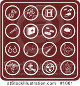 Vector Illustration of Red Medical Icons Including Dna, Molecules, Hospital Signs, Pills, Syringes, First Aid Kids, Rx, Doctor Bag, Glasses, Stethoscopes, Thermometers, and Microscopes by AtStockIllustration