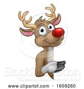 Vector Illustration of Red Nosed Christmas Reindeer Looking Around a Sign by AtStockIllustration